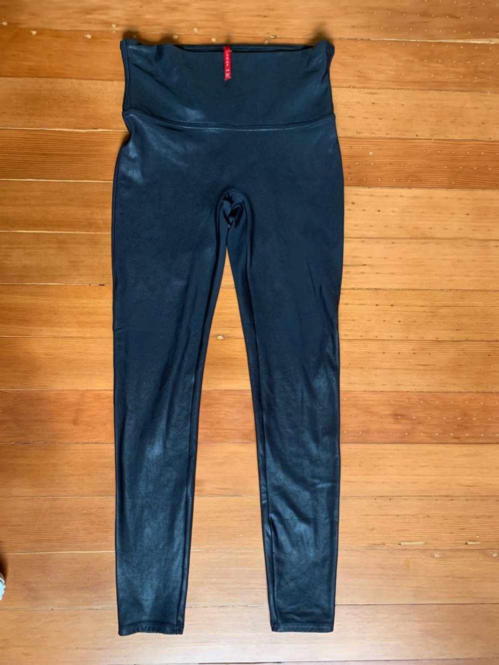 SPANX Black Faux-Leather Leggings Large Activewear Tummy Control